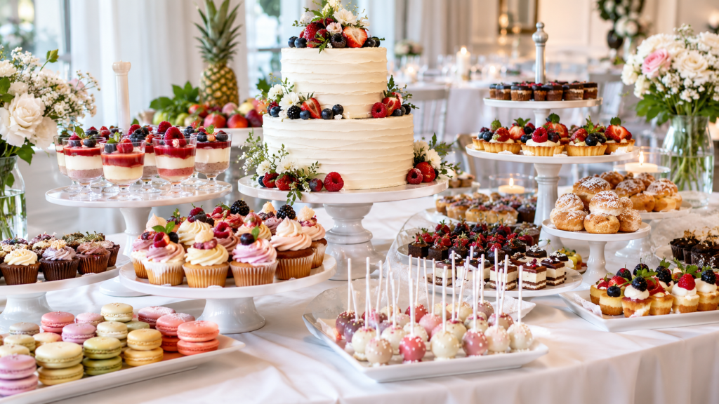 Na tym zdjęciu przedstawiony jest bogato zastawiony, elegancki słodki stół (candy bar) przygotowany na przyjęcie weselne