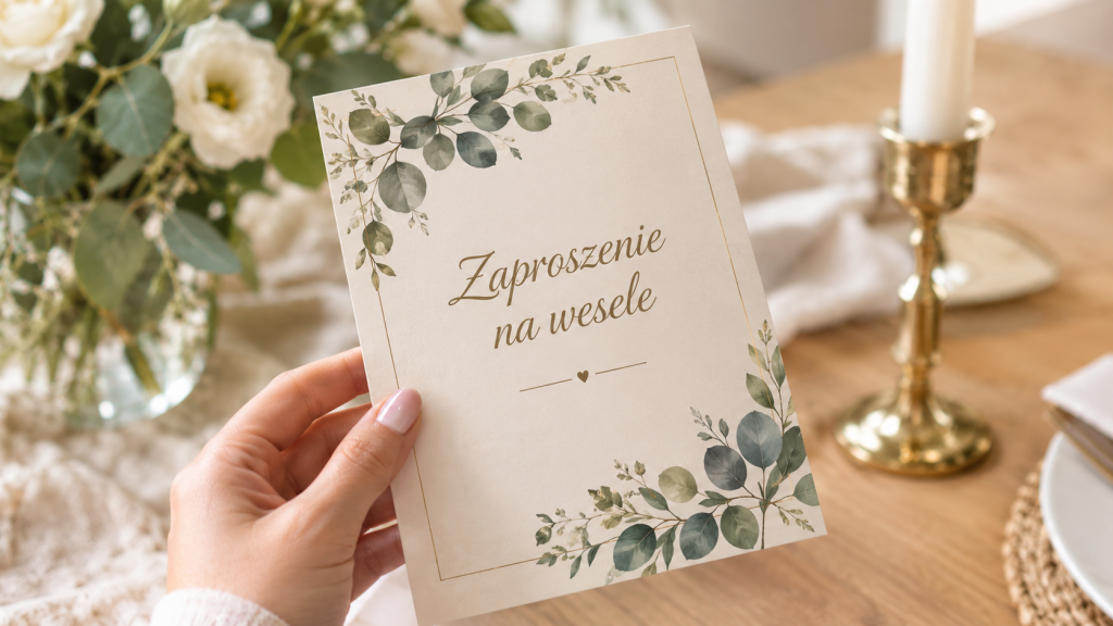 Na tym obrazie widać osobę trzymającą w rękach elegancką, pionową kartkę z napisem „Zaproszenie na wesele”